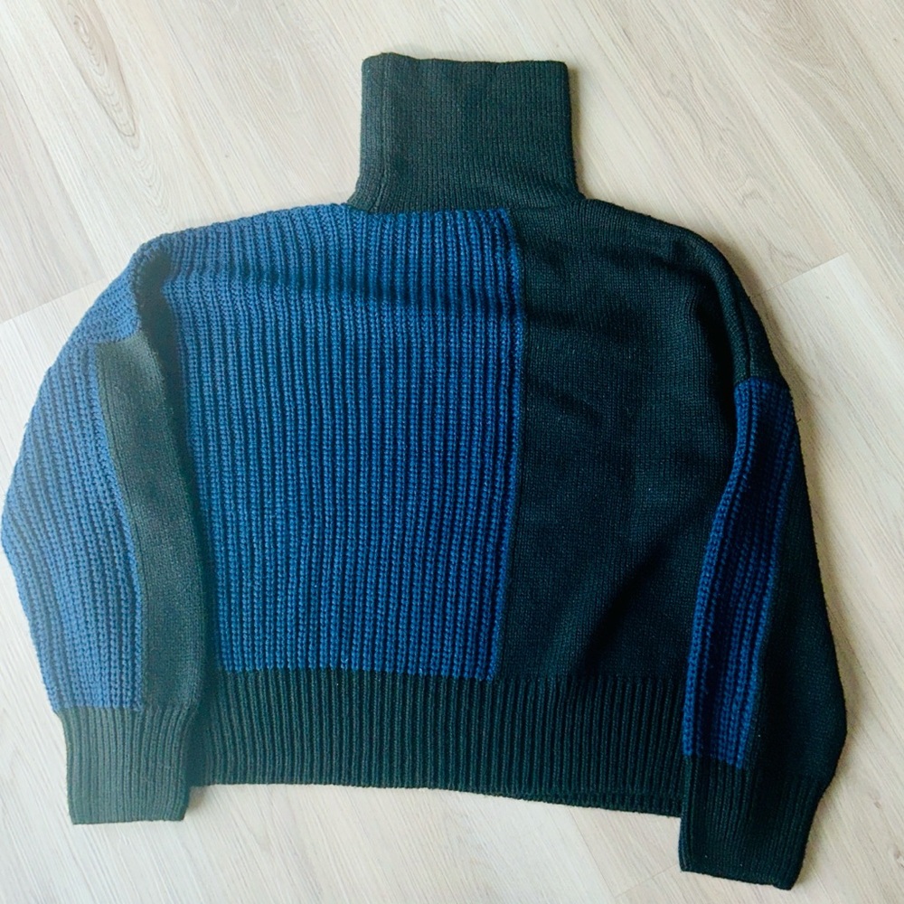 Topshop Oversized Chunky Knit Turtleneck Sweater XL Black Blue Color Block Cozy